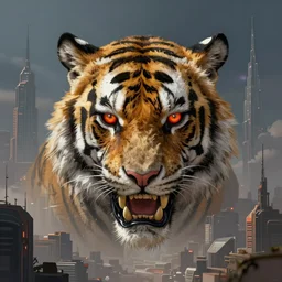 symmetry!! octane render ， cyberpunk tiger skull on future city sky, art by artgerm and greg rutkowski and magali villeneuve, d & d, sacred ， fantasy, highly detailed, digital painting, trending on artstation, concept art, sharp focus, illustration