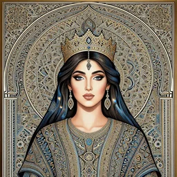 beautiful algerian muse woman with crown, symmetrical, top circle arch, hyper complexity, intricate detailed, orientalist art, beautiful illustration, highly detailed, geometric, fluid patterns, passionate, peter gric style by etienne dinet