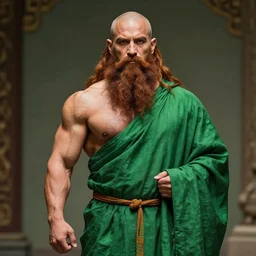 Green robed sage with a long brown beard but he's a bodybuilder