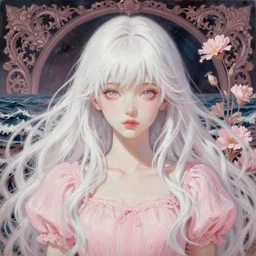 princess Portrait by Miho Hirano, manga, realistic, detailed, white, light pink tonalities, beautiful collage technique including flora, sea, wind, ornate sea background, beautiful Fantasy detailed trending on artstation, oil painting,Dramatic lighting, eterea , high quality print, fine art with subtle redshift rendering