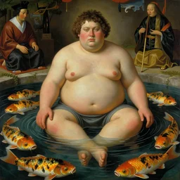 obese man sitting in a pond full of kobe fish, by ambrosius benson, by fernando botero, a touch of giuseppe arcimboldo, realistic, renaissance, zoomed out, epic composition, japanese ceremony