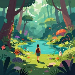 travller going through a magical swamp, psychedelic, vibrant colors, lush vegetation, lake, clean cel shaded vector art, behance hd by lois van baarle, helen huang