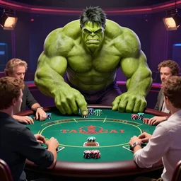 The Avengers playing Texas Hold'em Poker at a round table, Hulk going all in, trending digital art