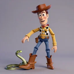 realistic human Woody from Toy Story finding a snake in his boot, DSLR photo, 4k, shocking