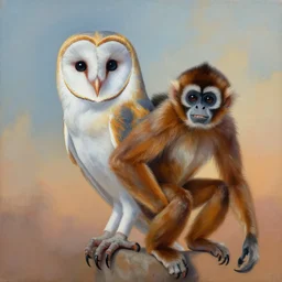 painting of cross between barn owl & brown spider monkey, intercrossed animal, by zdzislaw beksinski, by tiffany bozic, cold hue's, warm tone gradient background, concept art, beautiful composition, digital painting,