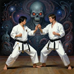 pat morita teaching karate to jim carrey, cosmic horror painting, elegant intricate digital painting artstation concept art by mark brooks and brad kunkle detailed