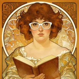 portrait of a curvy stocky romanian woman, brown hair, messy bob, brown eyes, romanian, big nose, white glasses, glasses, white reading glasses, librarian, wide shot, digital art, alphonse mucha, loish, art nouveau, 8 k, trending on artstation