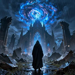 a still of a cloaked figure standing in the ruins of crux prime, destroyed monastery, blue fiery maelstrom in the distance, it is raining, digital art, artstationhq