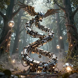 an immaculate render of a metallic spiral made of old modular robot parts spawning cables and bird wings flowing through massive trees surrounded by glowing orbs made from chrome and incense smoke, powerful, cinematic, beautifully lit, by craig mullins, by galan pang, 3 d, trending on artstation, octane render, 8 k