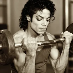 close up mid shot!! real photograph, very muscular 2 0 years old michael jackson pumping iron, old sepia photograph, vintage