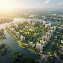 ecological huge built on a lake with paths and roads around it, sunrise light, florida, volumetric light, hyperdetailed, artstation, cgsociety, 8 k