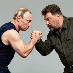 arm wrestling between vladimit putin and iosif stalin, hyperrealistic, digital concept art, caricature illustration, art by gaston bussiere