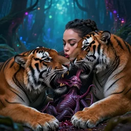 tigers eating a succubus eaten by tigers in an ancient bioluminescent forest, ana de armas, flawless symmetrical pretty cute face kissing ecstacy, greg rutkowski, 8 k, shallow depth of field, intricate detail, concept art,