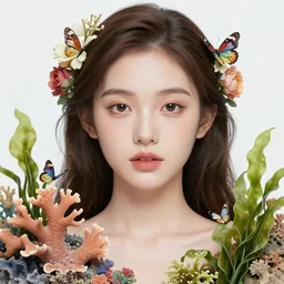 hyperrealistic detailed portrait of a girl, with flowers, butterflies, corals, sea kelp, sea plants, starfish, jellyfish, bacteria, bones, golden filigree, art by ernst haeckel, john william godward, hammershøi, alphons mucha, pontormo, ornamental, decorative, art nouveau, lights by hopper, pastel colours,