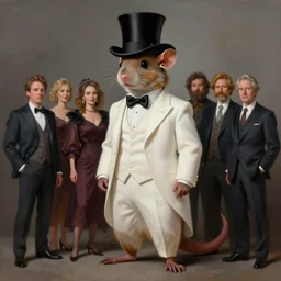painted portrait of elegant wealthy anthropomorphic rodent in white suit with top hat and earing, studio light, neil gaiman, maria panfilova, andrea savchenko, mike kime, ludovic plouffe, qi shengluo, oliver cook, julian calle, eddie mendoza, trending on artstation