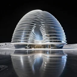 Zaha Hadid architecture on the moon, ray tracing reflection, 8k, hyper realistic