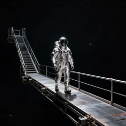 mysterious man in silver space suit, walking on an industrial catwalk with stairs that lead nowhere, floating in deep space with a black background, photograph, wide angle, long shot