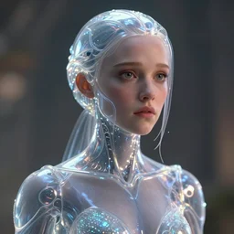 classy elegant sophisticated weta movie still full very up close portrait photo, mesh render, of millie bobby brown as a sad translucent plastic cyborg girl, glittering light leaks, octane render, sleek curves, intricate sharp focus, by nixeu, weta, wlop, ilya kuvshinov, rossdraws, artgerm, anime, liosh, mucha