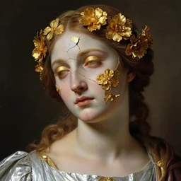 hyperrealism close - up mythological portrait of a medieval woman's shattered face partially made of golden color flowers in style of classicism using the fibonacci golden ratio, pale skin, wearing silver dress, dark and dull palette