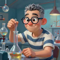 An epic fantasy comic book style portrait painting of a charming and friendly thirty year old man in a laboratory, very expressive, buzz cut gray hair,  !!NO GLASSES, round face, wearing a shirt with !horizontal stripes, handling laboratory equipment, character design by Mark Ryden and Pixar and Hayao Miyazaki, unreal 5, DAZ, hyperrealistic, octane render, cosplay, RPG portrait, dynamic lighting, intricate detail, summer vibrancy, cinematic