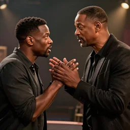 chris rock is fighting and arguing with will smith, shadow harsh lights, dramatic scene, hyper detailed, cinematic lighting, studio quality, smooth render, unreal engine 5 rendered, octane rendered