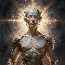 transhumanism and new transformations in the human body that seek to break down the barriers of dichotomies and make resistance in the creative work of a new chaotic and spiritual world at the same time, futuristic visionary conceptual dystopian and utopian art at the same time