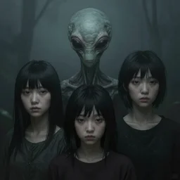 portrait of an alien by Sean Yoro, Chie Yoshii and Martine Johanna, dark, moody, foggy, gloomy, high details, washed colors