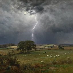 artwork of the cinematic view of a landscape of the county of cumberland by ivan shishkin, thundery weather, thunders in sky, couple of groves, sheep pasture, landscape view