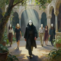 disciple in mask portrait, walking through an ambient light - filled courtyard, morning light, romanesque architecture, chiaroscuro, atmospheric, light cascading, lush, fantastical, lowbrow, pop surrealism,, avery palmer, mark ryden, mike davis, marion peck, camille rose garcia, todd schorr and ray caesar, oil on canvas