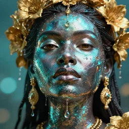 hyperrealistic precisionist cinematic very expressive! oshun goddess, water mirror dripping droplet!, gold flowers, highly detailed face, digital art masterpiece, smooth eric zener cam de leon, dramatic pearlescent turquoise light on one side, low angle uhd 8 k, shallow depth of field