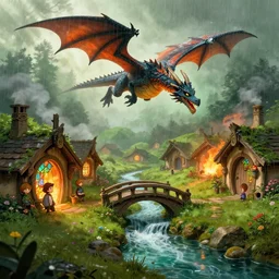 a dragon flying attacking and burning medieval hobbit homes, ornate, beautiful, atmosphere, vibe, mist, smoke, chimney, rain, well, wet, pristine, puddles, waterfall, clear stream, bridge, orange, green, stained glass, forest, flowers, concept art illustration, color page, 4 k, tone mapping, doll, akihiko yoshida, james jean, andrei riabovitchev, marc simonetti, yoshitaka amano, digital illustration, greg rutowski, volumetric lighting, sunbeams, particles, rembrandt