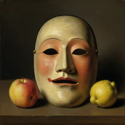 doctor doom's mask, with fruit. still life 1 7 th century oil painting