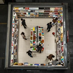 top down picture of a supermarket after a zombie attack, top down perspecrive