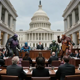 a bunch of monsters in place of congressmen arguing on the floor of the capital 4k photorealistic