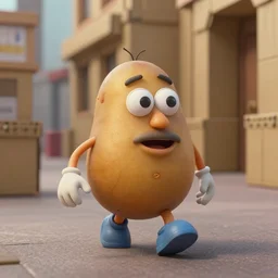 a film still of a happy charming potato walking about town talking. noodle legs and arms. gloved hands. expressive pose. googly eyes. cardboard architecture city sidwalk. depth - of - field. rule - of - thirds. laika studios.