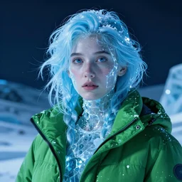 human made of blue ice, wearing a green jacket, digital art