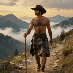 a dramatic epic beautiful ethereal painting of a shirtless handsome desi man on a mountain path | he has a hairy chest and is wearing a plaid kilt and cowboy hat, and holding a walking stick | background is mountain peaks and clouds | dramatic lighting, golden hour, homoerotic, realistic, art nouveau | by mark maggiori | trending on artstation