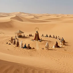 extreme long shot of a sacred warrior isolated community living in an oasis in the middle of a large sand desert, digital painting, artstation, matte painting, highly detailed, art by artgerm and greg rutkowski and alphonse mucha, wlop, behance contest winner