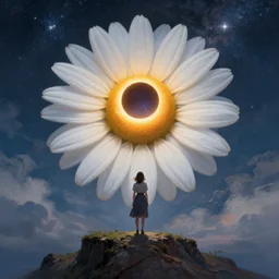 giant white daisy flower face, girl standing on cliff, surreal photography, solar eclipse, milky way, dramatic light, impressionist painting, clouds, digital painting, artstation, james gilleard, liam wong, jeremy mann, simon stalenhag