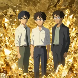 three men wearing glasses stand next to shining gold crystals at an ore deposit, poster art by makoto shinkai, featured on pixiv, environmental art, official art, anime, movie poster