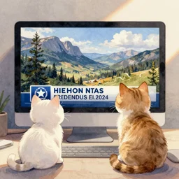 watercolor illustration style, cute cats watch the news in computer monitor