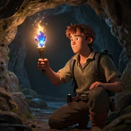 deep underground, an explorer holding up a torch finds a beautiful valuable cursed gem. , concept art, trending on artstation 3D.
