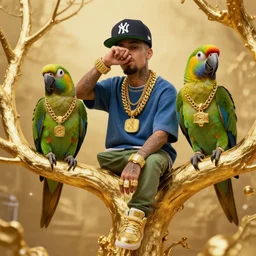 parrots wearing golden rings and necklaces, with rap cap on head, rapping and sitting on golden trees, rap scene, cyberpunk concept art, trending on artstation, highly detailed, digital art, 8 k