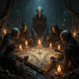 necromancers using ouija board surrounded with melting candles in tomb, dark fantasy, scifi, volumetric lights, intricate, intense detail, digital painting, artstation, concept art, smooth, soft shading, cinematic, illustration, alien, style of h. r. giger, 3 d 4 k