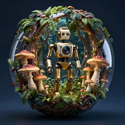 victorian robot with mushrooms growing in a spheroid forest, 3d render, nightlight Study, by Jan Davidsz de Heem and Lisa Frank, Art Nouveau, 8k, extreme detail, sharp focus, octane render