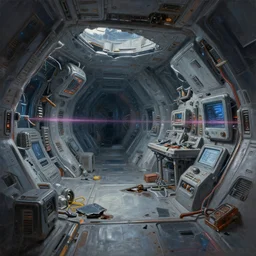painting of broken interior of alien futuristic spaceship with amount of electromagnetic devices and tools, sharp edges, deep displacement, reflections, raytracing, raymarching, subsurface scattering, digital art, painted by anna nikonova