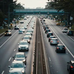 a stunning aesthetic wallpaper of a highway full of traffic with a train track and bus lane, photograph by leon macapagal, 8 k, soft focus, cinematic lighting, trending on flicker.