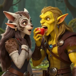 A tiefling with yellow skin entthusiastically eating a candied apple on from of her tabaxi friend