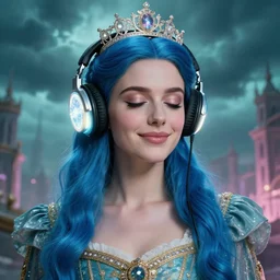 close up portrait queen with glowing headphones, regal dress, subtle smile, blue long haired elegant model, female, eyes closed, by greg rutkowski, storm clouds, in fantasy city, teal and pink color palette, annie liebovitz, by john everett millais, john collier and john william waterhouse, preraphaelite, detailed c