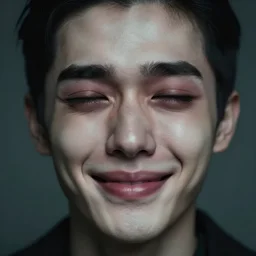 uncanny valley face of face crying while smiling creepily